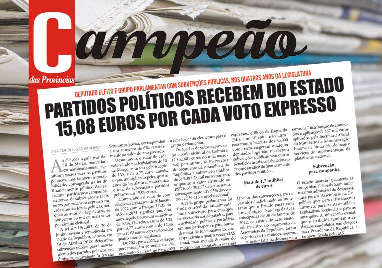 Jornal Campeão: Partidos políticos recebem do Estado 15,08 euros por cada voto expresso